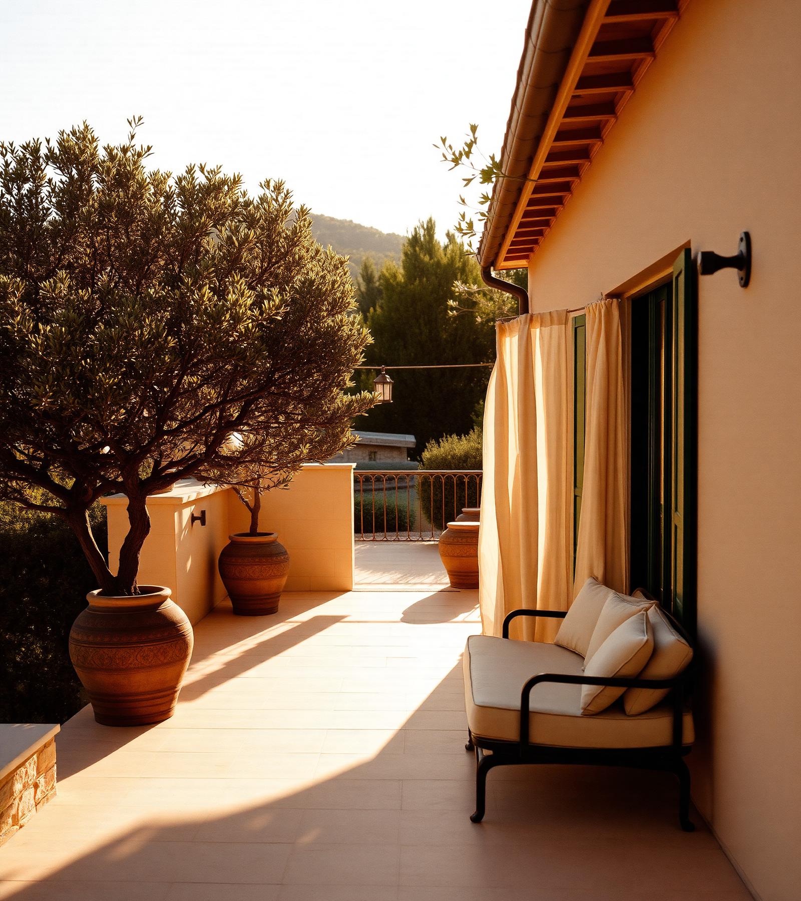 A sunlit stone terrace at golden hour